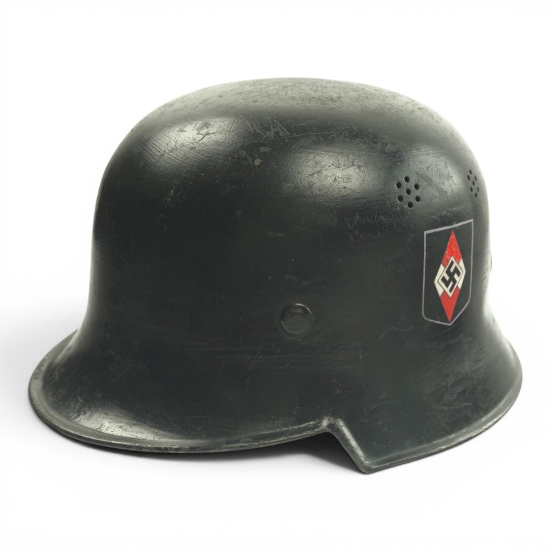 German WW2 Hitler Youth Parade M34 Fire Protection Police Style Helmet Double Decal, stamped and: This German WWII Hitler Youth parade helmet appears to be an M34 Fire Protection Police style helmet that was later converted or configured as a Hitler Youth helmet. The helmet retains its original li