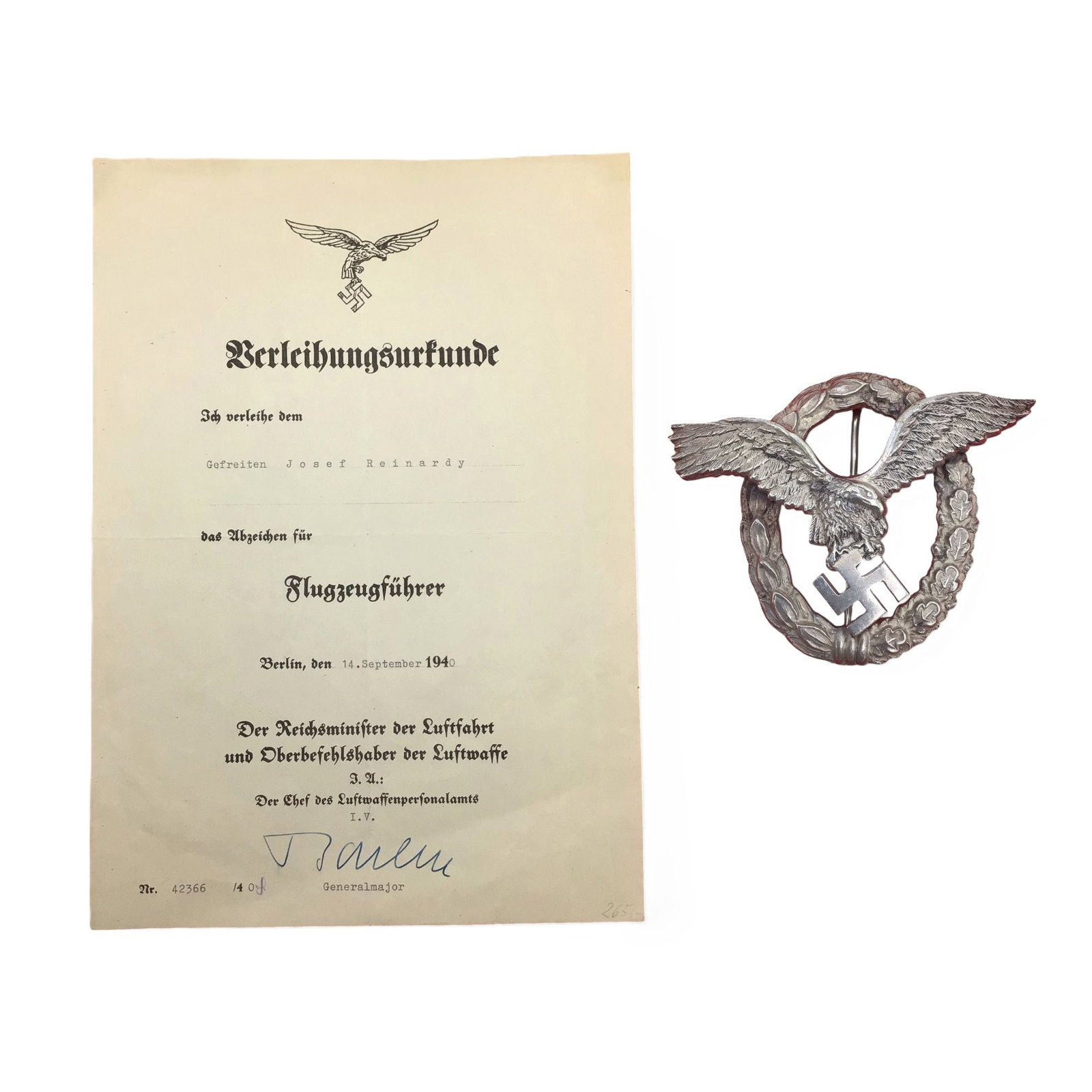German WWII Early War Luftwaffe Pilot Badge Grouping with Award Document | BSW Marked (1 of 5)