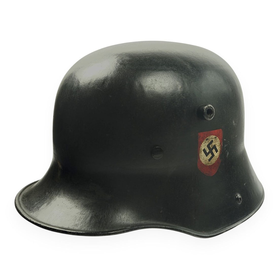 German WW2 M16 Allgemeine-SS Black Double Decal Transitional Helmet, Rare Size and Prod - W66: This German WWII M16 Allgemeine-SS black double decal transitional helmet is built on a World War I M16 shell stamped W66 on the shell rim, indicating manufacture by Hermann Weissenberger & Co. of Stu