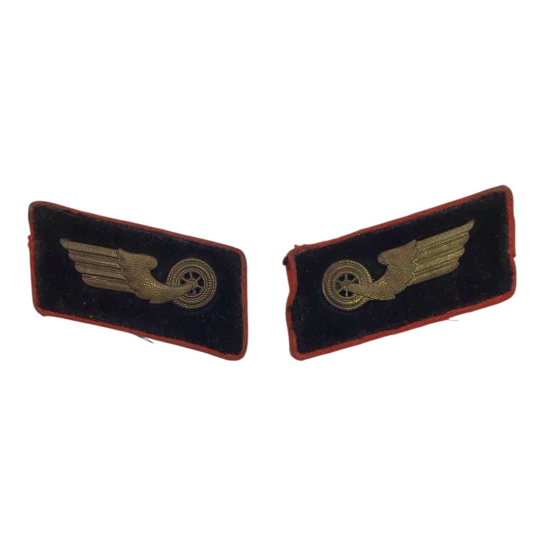 German "Deutsche Reichsbahn" (German National Railway) Collar Tabs | German WW2: This original pair of German WWII Deutsche Reichsbahn collar tabs is constructed of black velvet with red wool edges and backing, centered with brass winged railway wheel emblems. The design correspon