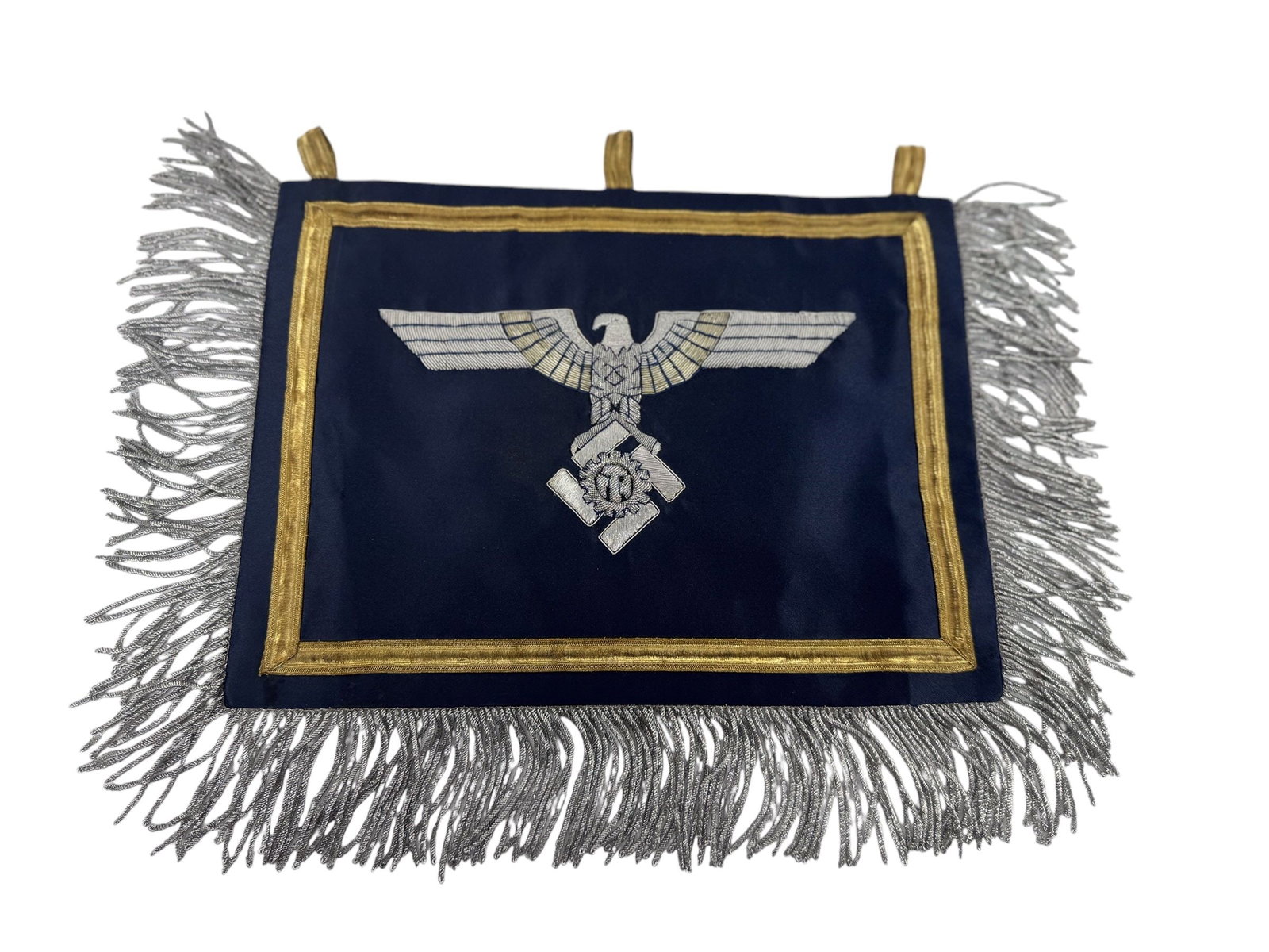 Extremely Rare German WW2 Teno Deputy Chief Erich Hampe Senior Officer Command Flag / Trumpet Banner: This extremely rare German WW2 TENO (Technische Nothilfe) Deputy Chief Senior Officer Command Flag / Trumpet Banner is double-sided with exceptional historical significance. The silver eagle and fring