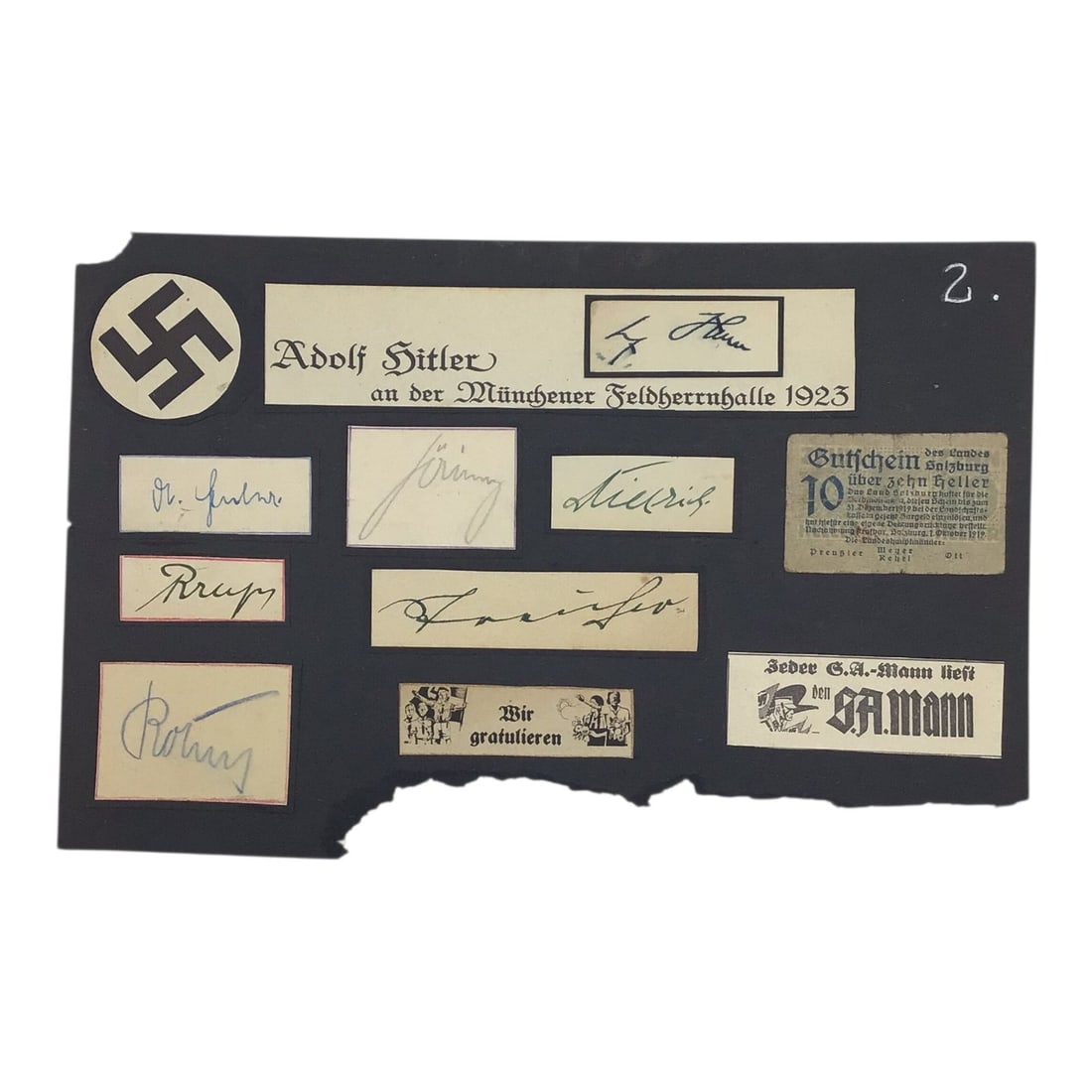 Third Reich Leader Multi-Signature Display - Adolf Hitler, Goebbels, Rohm, Goring, and MORE!: Offered here is an extraordinary WWII German Third Reich cut-signature presentation grouping, professionally mounted on black board for display. This composite collection features cut signatures attri