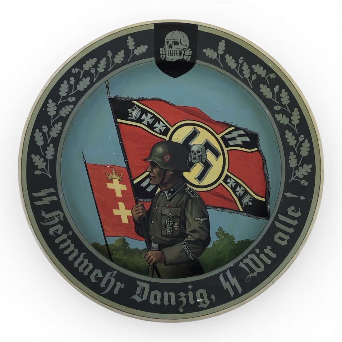 German WW2 Leibstandarte Adolf Hitler SS Heimwehr “Danzig" Painted Third Reich Award Plate: This exceptional German WWII Leibstandarte Adolf Hitler SS Heimwehr “Danzig” painted award plate is a one-of-a-kind and extremely rare porcelain presentation piece manufactured by Hutschenreut