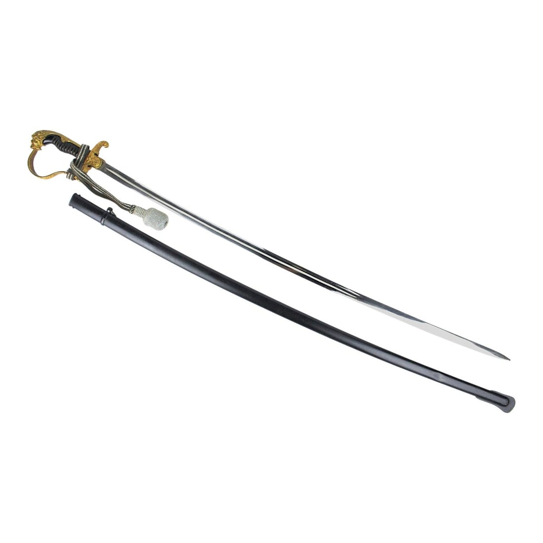 German WW2 Lion Head SS Sword with beautiful Sheath, WKC stamped blade, and Officer Portapee: This highly desirable German WWII SS officer lion head private purchase dress sword is a rare and impressive Solingen-made example with sheath and officer portepee. The sword features a gilded lion-he