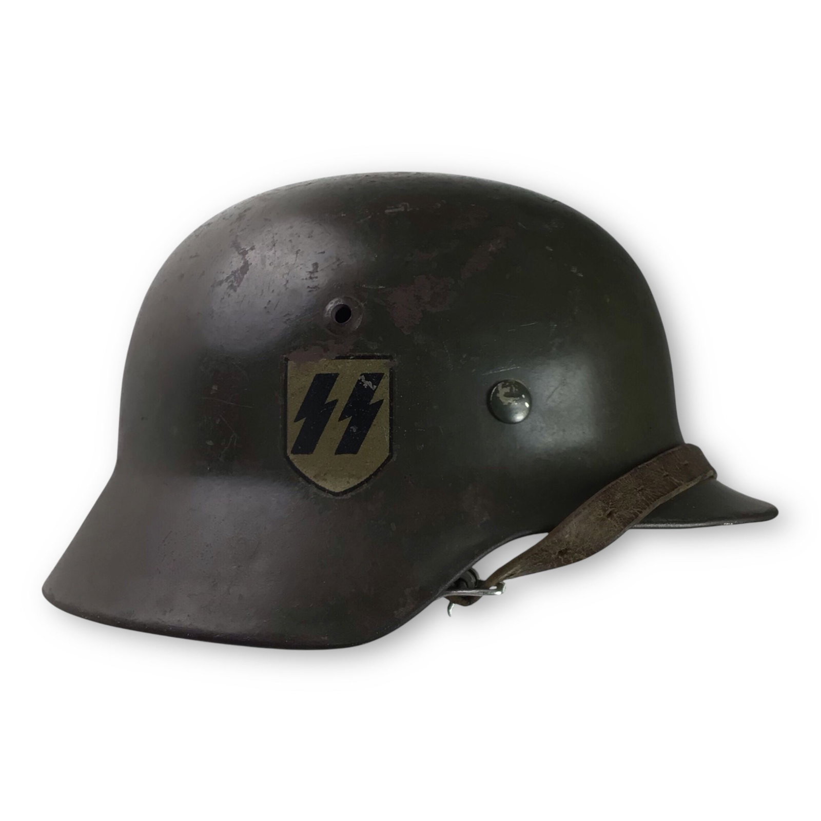Waffen-SS M35 Double Decal Helmet ET64 – Rare Early Combat Issue | German WW2 Relic: An extremely desirable early M35 Double Decal SS Helmet, a very rare surviving early example that would be a top shelf piece in virtually any collection. The exterior of this helmet retains an incredi