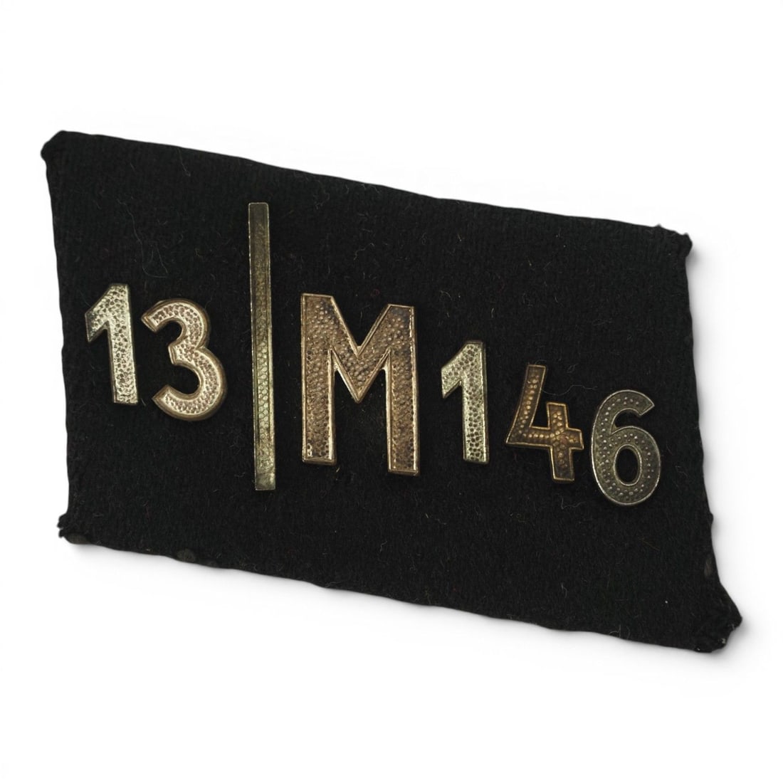 German WW2 NSKK Collar Tab 13/M146, Sturm 13 Motor Standarte 146: This original German WWII NSKK collar tab is marked 13/M146, identifying Sturm 13, Motor Standarte 146. The tab represents a specific unit-level designation within the National Socialist Motor Cor
