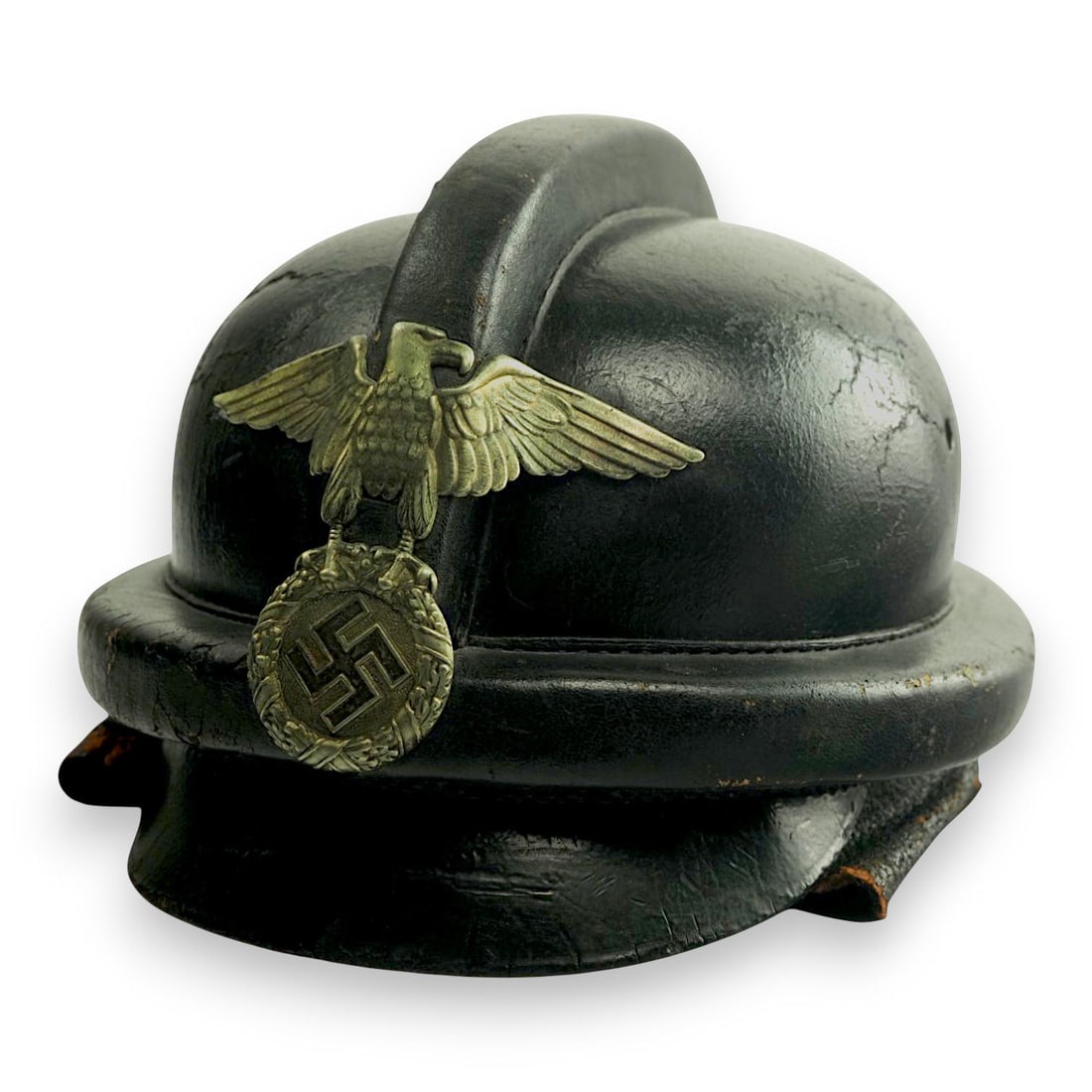 German WW2 1st Pattern NSKK Leather Crash Helmet, Unit Marked 22/M46: This German WWII 1st Pattern NSKK crash helmet is a rare and well-preserved example of National Socialist Motor Corps motorcycle headgear, complete with its liner, chinstrap, and ear flaps intact. The