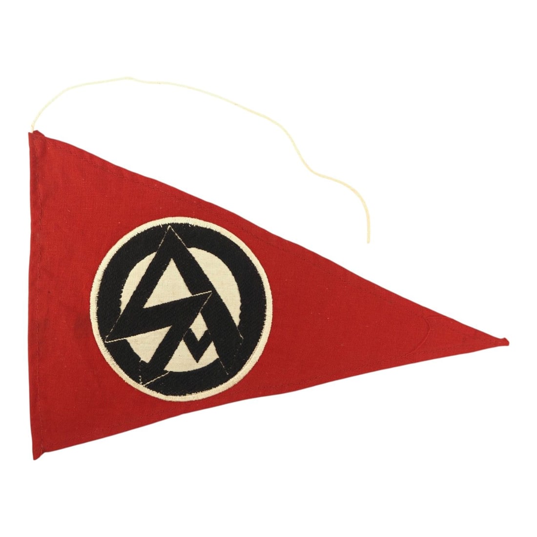 German WW2 NSDAP SA Sturmabteilung Double-Sided Vehicle Pennant with Hanging String: This original German WWII NSDAP SA Sturmabteilung vehicle pennant is a double-sided example retaining its original hanging string and remaining in excellent condition. The pennant was produced for dis
