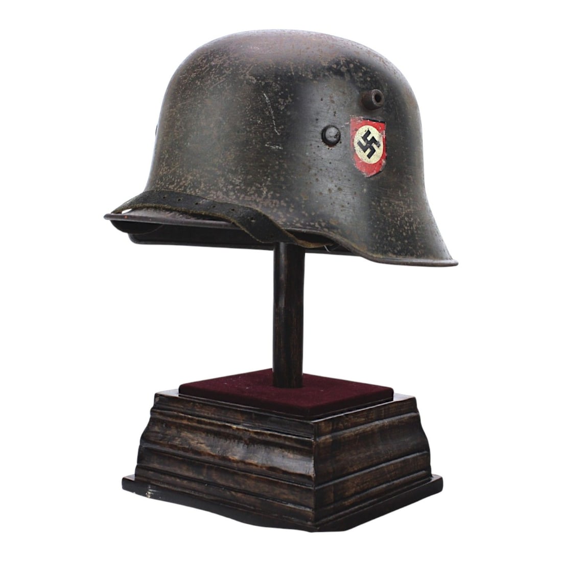 Rare WWII German Double Decal SS RZM Transitional Helmet: This extraordinary WWII German Double Decal SS RZM Transitional Helmet is a rare early example utilizing an older M16 or M18 style shell refurbished for Third Reich service with an updated M31 liner s