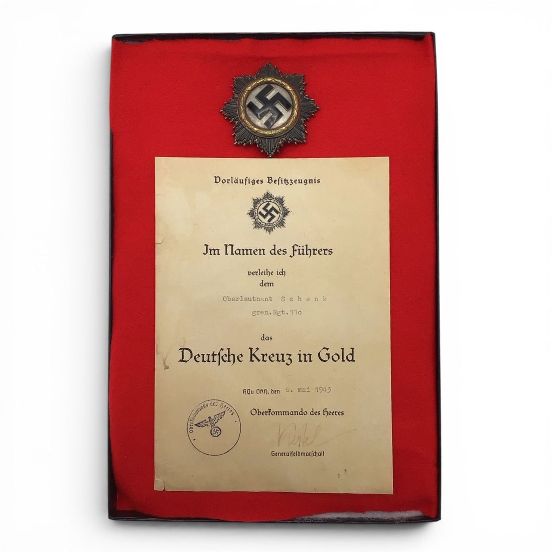 German Cross in Gold Grouping with Original Keitel-Signed Document: This exceptional WWII German Cross in Gold grouping includes an original award marked 134 on the reverse, designating manufacture by Otto Klein, along with the original award document issued to