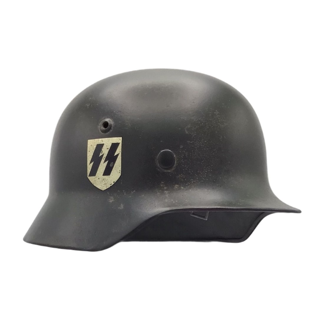 Rare WWII German M38 Double Decal SS Combat Helmet - Marked ET62: This highly sought-after WWII German Model 1938 Double Decal SS combat helmet is an exceptional early-war example manufactured by Eisenhüttenwerk Thale and marked ET62 on the skirt, with productio