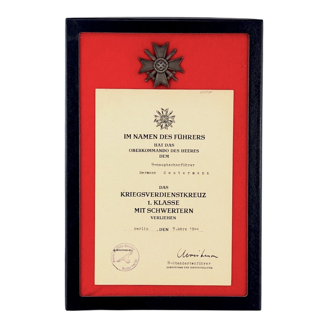 German WW2 War Merit Cross 1st Class with Swords, L11 Deumer, SS Document: This German WWII War Merit Cross 1st Class with Swords is a private-purchase example marked L/11, identifying manufacture by Wilhelm Deumer of Lüdenscheid. The award is accompanied by its original