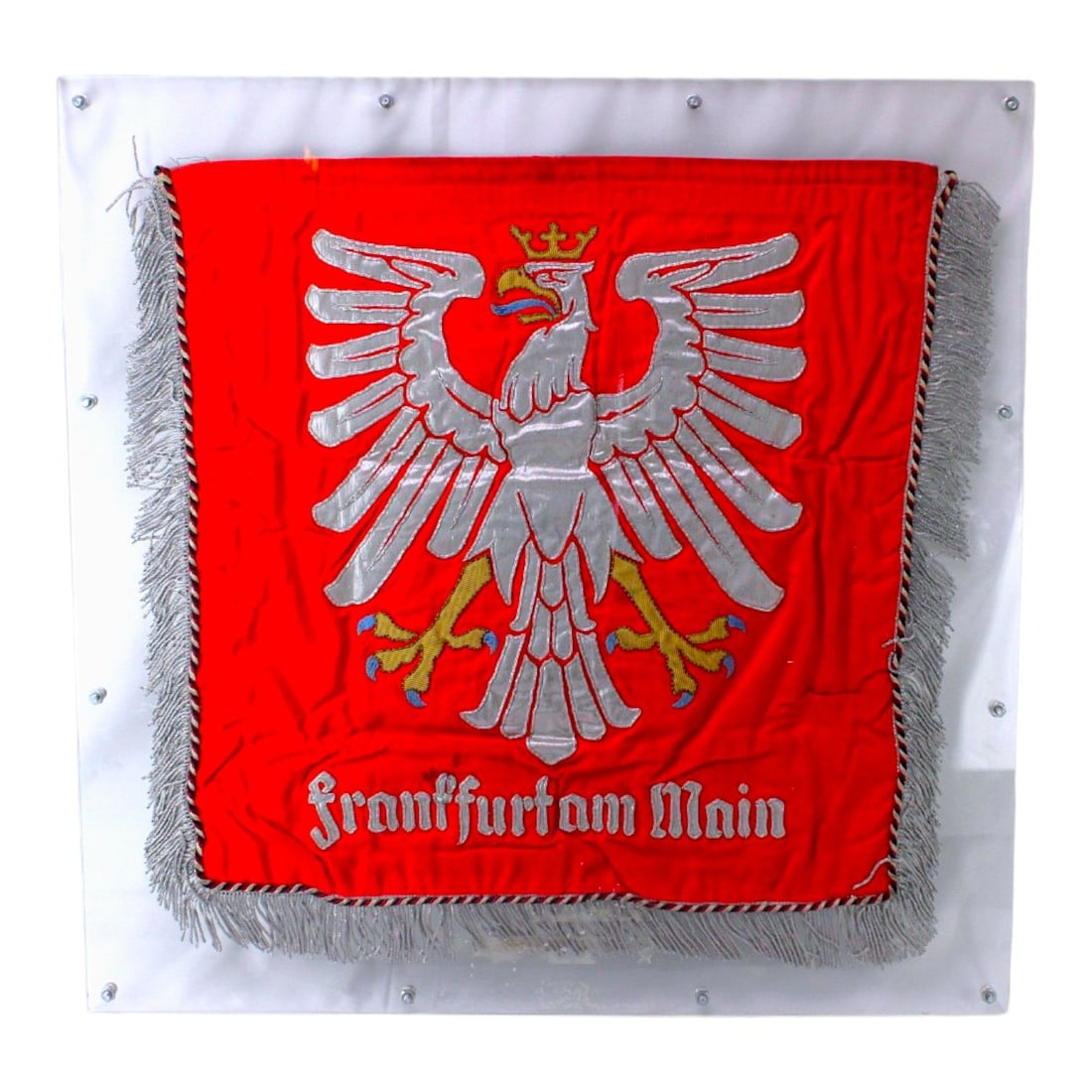 Extremely Rare German WWII Heer Regiment 81 Two-Sided Frankfurt am Main Regimental Flag: This German World War II Heer Regiment 81 two-sided regimental flag is an exceptionally rare and visually striking textile associated with the city of Frankfurt am Main, where the unit was established