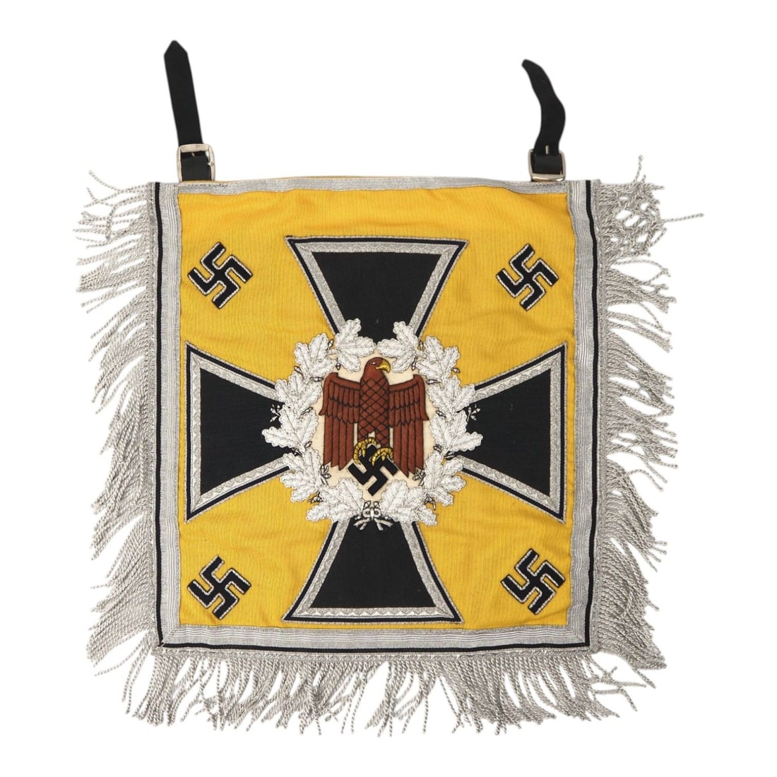 German WWII Heer Cavalry Regimental Trumpet Banner, Possible Wartime Materials: This German World War II Heer Army cavalry regimental trumpet banner flag is a virbrant and a great display peice, though its exact period of manufacture remains uncertain. The banner appears likely p