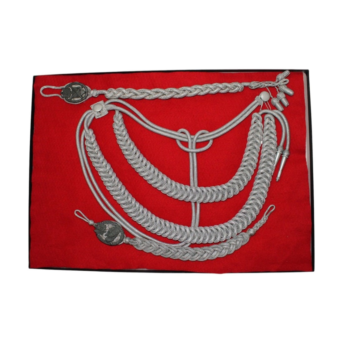 German WW2 Rare Luftwaffe Adjutant Aiguillette Lanyard in Super Rare Original Box!: This rare German WWII Luftwaffe officer’s adjutant aiguillette, or Adjutanten-Fangschnur für Offiziere, is an excellent double-section example constructed of matte silver interlaced cord. Intended 