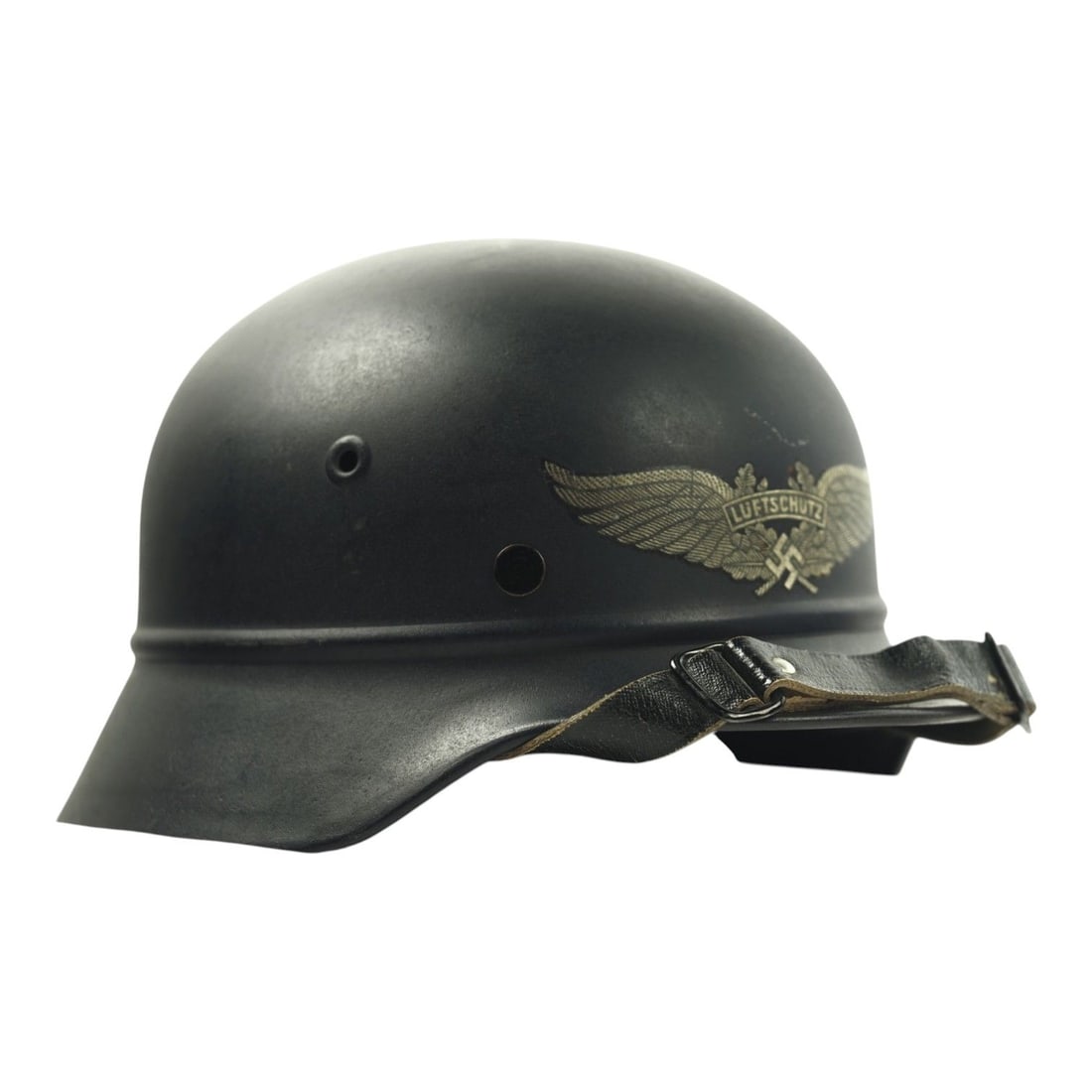 German WWII Luftschutz Beaded Combat Helmet Q62 Lot 8550 with Liner & Chinstrap: This German World War II Luftschutz beaded combat helmet is a desirable and less commonly encountered example marked Q62 with lot number 8550. This is the rarer beaded combat helmet form, not the