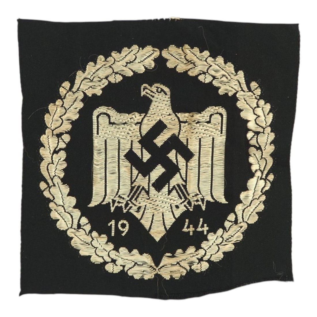 German WW2 NSRL/DRL Silver Sports Badge in Cloth, 1944 Athletic Uniform Insignia: This German WWII NSRL/DRL Silver Sports Badge in cloth is a machine-woven athletic uniform award intended to be sewn to a sports garment. The badge is woven in silver-colored thread on a black rayon b