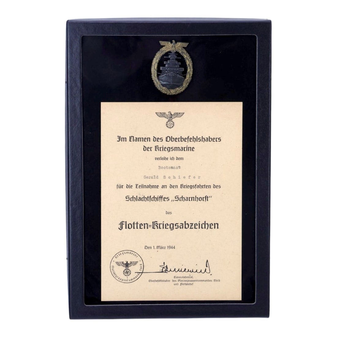 Kriegsmarine Fleet War Badge by RS&S with Scharnhorst Award Document: This significant German WWII Kriegsmarine Fleet War Badge grouping includes a Flottenkriegsabzeichen by Richard Simm & Söhne of Gablonz, marked R.S.&S. on the reverse, together wi