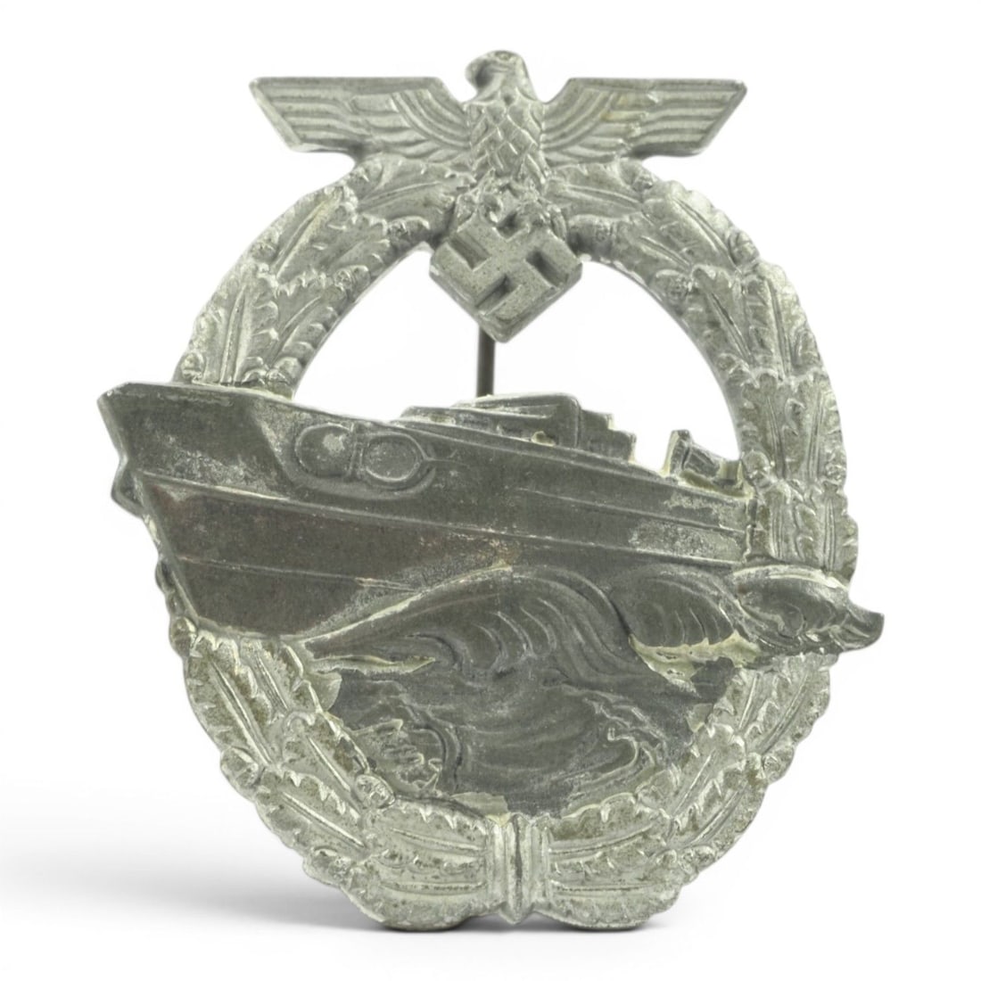 German WW2 Kriegsmarine E-Boat Badge by Rudolf Souval, R.S. Marked: This German WWII Kriegsmarine E-Boat Badge is marked R.S. on the reverse for Rudolf Souval. The badge represents service with German fast attack craft, known as S-Boote or E-Boats