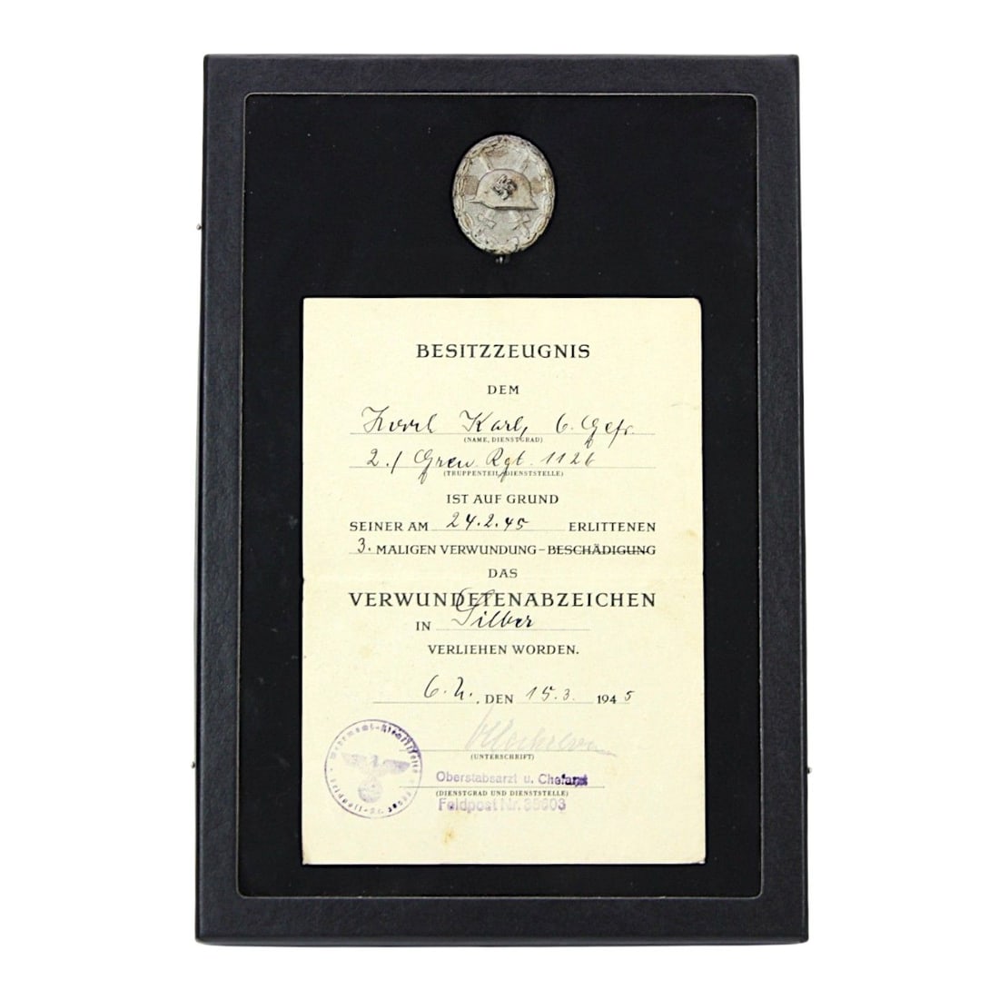 German WW2 Silver Wound Badge Grouping with Grenadier Regiment 112 Document: This German WWII Wound Badge in Silver grouping includes the silver class award accompanied by its original award document issued to Karl, listed as a Gefreiter of 6. Kompanie, 2. Zug, Gre