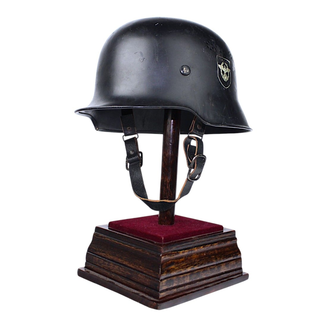German M34 Stahlhelm DOUBLE Decal Fire (Civil) Police Steel Helmet with Police Decal - WW2: This German WW2 M34 Fire (Civil) Police Helmet retains approximately 90% of its original police eagle decal on the left side and roughly 80% of the swastika party shield on the right. Issued to member