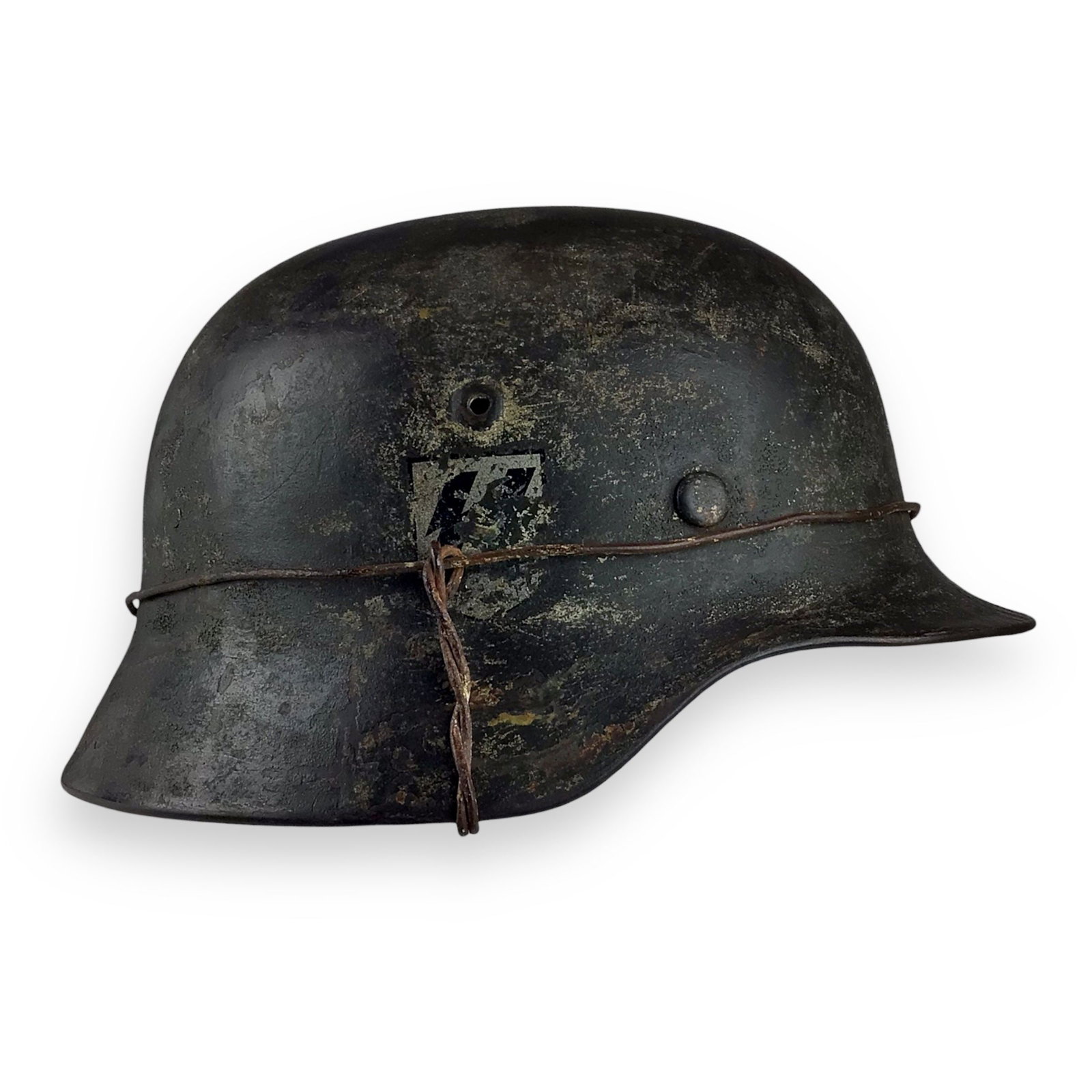 Rare German M40 Pattern Waffen SS Double Decal SS ET64 Steel Helmet with Camo Wire: This is an exceptionally rare German WWII M40 Waffen SS Double Decal Steel Helmet, featuring both the iconic double decals of the SS and the swastika party shield of the Deutsches Reich. The SS decal 