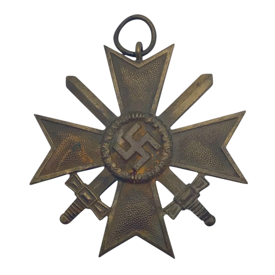 German WW2 War Merit Cross 2nd Class with Swords: This German WWII 1939 War Merit Cross 2nd Class with Swords is a combat-related merit decoration showing heavy age and condition issues, including rusting, a bent suspension ring, and an illegible mak