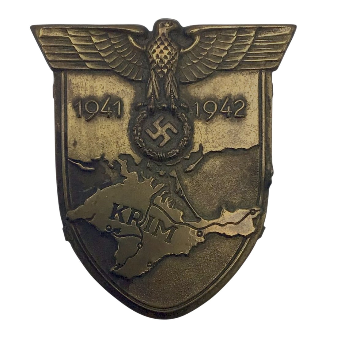 German WW2 Heer Crimea Campaign Sleeve Shield: This original German WWII Heer Crimea sleeve shield is a campaign award insignia associated with German Army service during the Crimean campaign on the Eastern Front. The shield would have been worn o