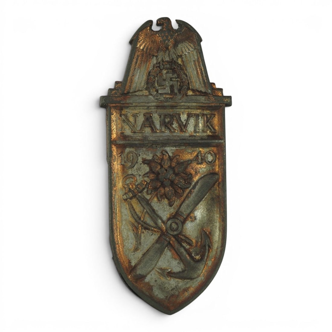 German WW2 Kriegsmarine Narvik Campaign Sleeve Shield: This original German WWII Kriegsmarine Narvik sleeve shield is a campaign award insignia associated with the German forces who participated in the 1940 Narvik operations in Norway. The shield was worn