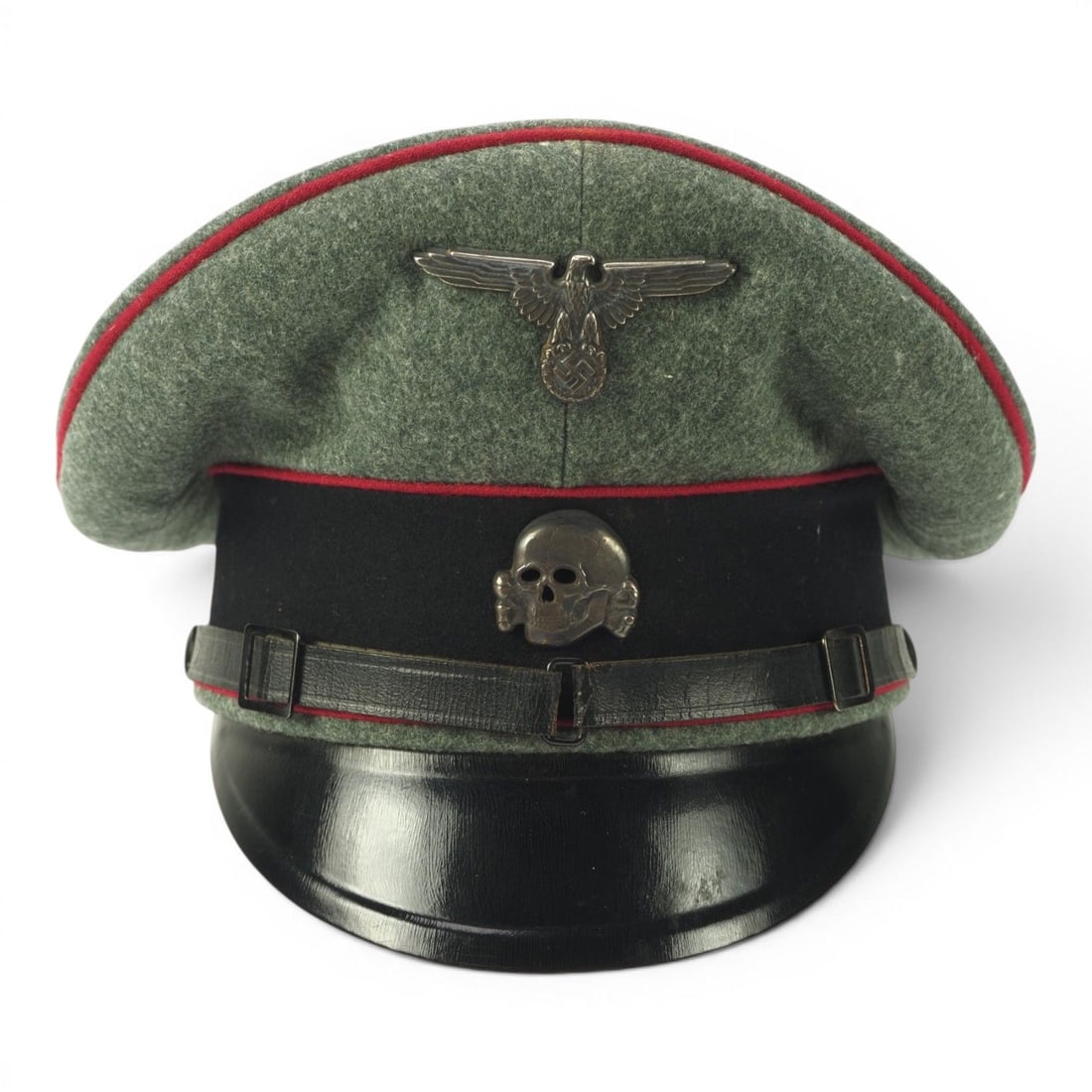 Extremely Rare German WWII Waffen-SS Bordeauxrot EM/NCO Visor for Nebeltruppen or Military Justice!: This German World War II Waffen-SS EM/NCO visor cap is an extremely rare example with Bordeauxrot, or burgundy, Waffenfarbe piping, retaining its insignia and presenting in close to mint condition. Th