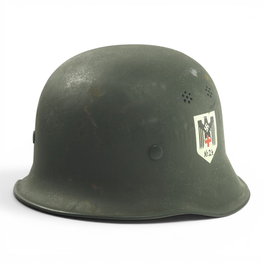German WWII DRK Red Cross Double Decal Personnel Stahlhelm M34 "No. 24" Field Hospital Helmet: This German World War II Deutsches Rotes Kreuz (DRK) Red Cross Personnel Stahlhelm is a fascinating and scarce double decal example repurposed from an M34-style helmet originally intended for civil de
