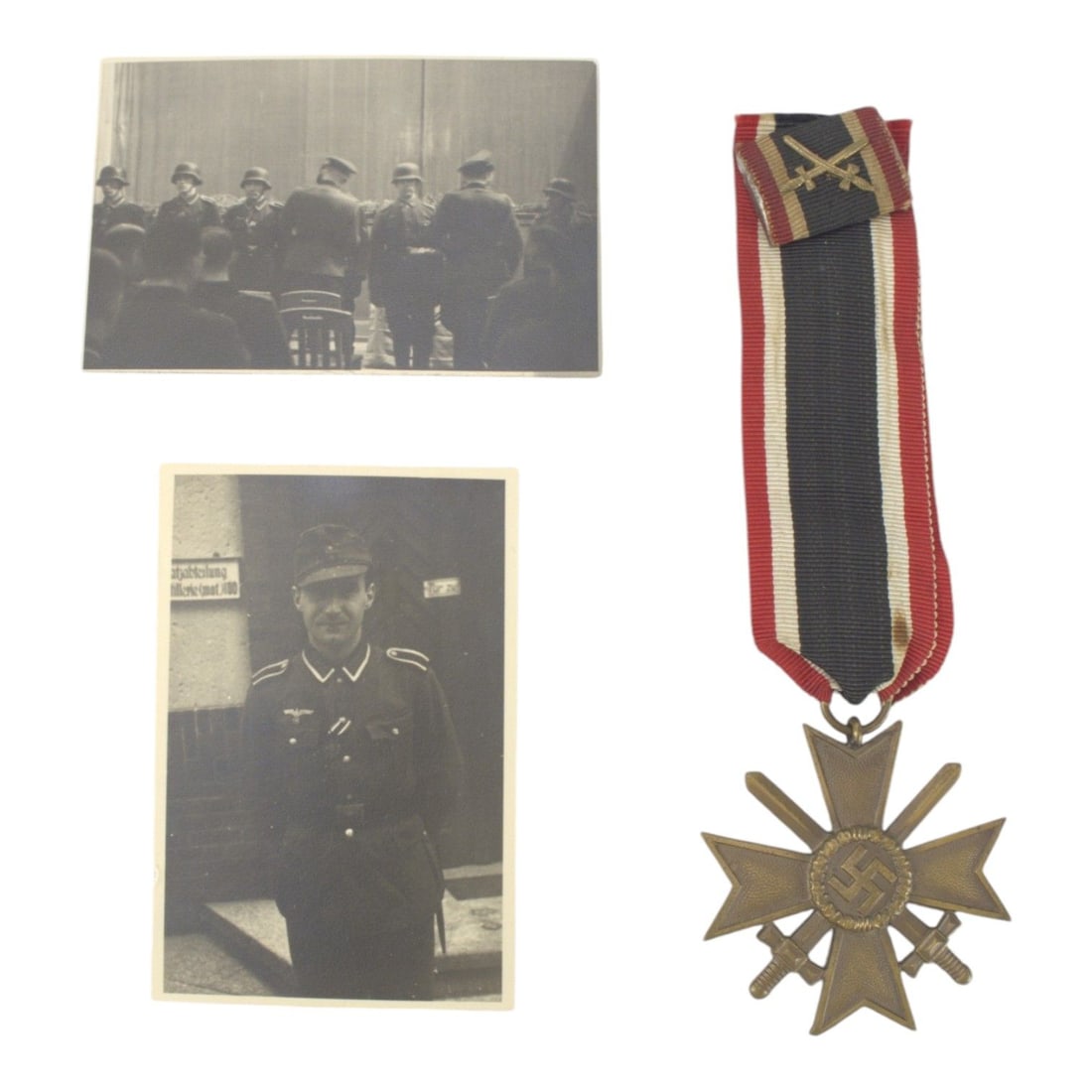 German WW2 War Merit Cross with Swords, Ribbon Bar and Recipient Photographs: This German WWII War Merit Cross with Swords is an original die-struck zinc alloy award measuring approximately 49 mm, complete with its original ribbon and matching ribbon bar attached at the top of 