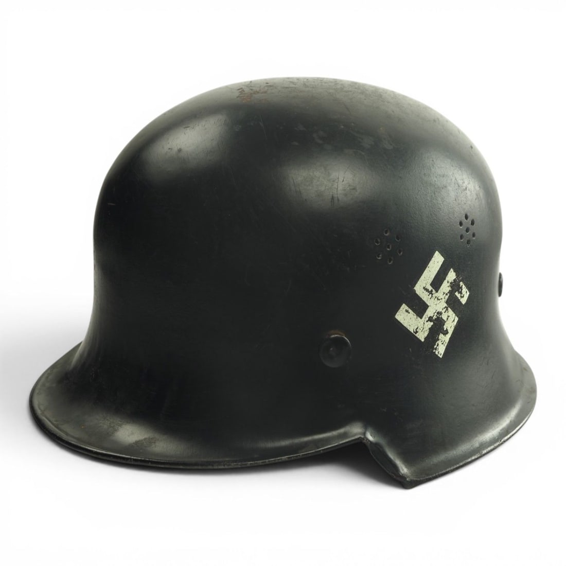 RARE German WW2 Junkers Factory Guard NAMED Helmet, P. Traubmann: This rare German WWII Junkers factory guard helmet is a named and highly unusual industrial security helmet retaining its original liner and chinstrap. The helmet features a factory decal on one side 