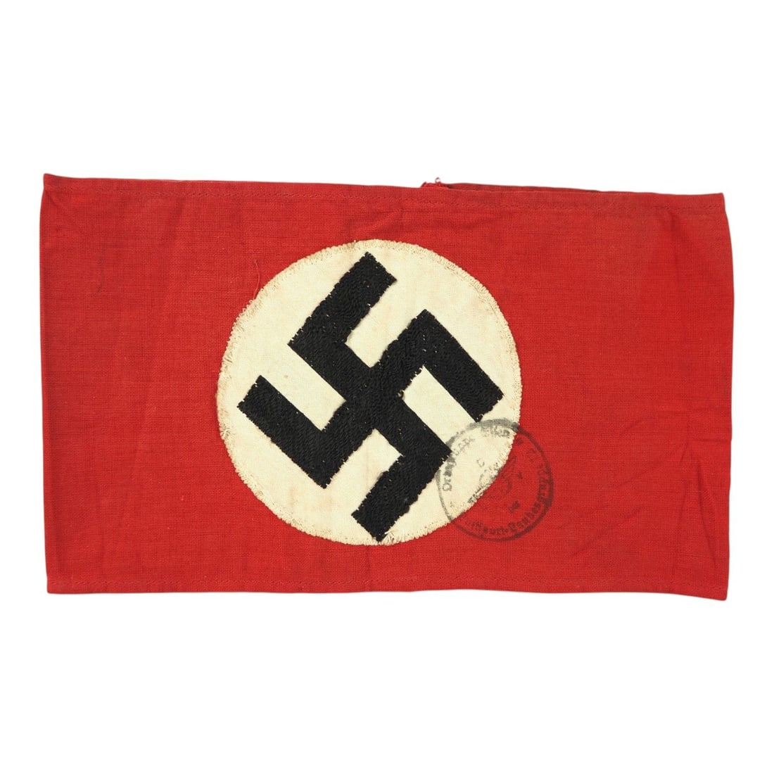 German WWII NSDAP Political Armband with Ortsgruppe Essen DLV Stamp, Vet Bringback: This German World War II NSDAP political party armband is a veteran bring-back example bearing a rare Ortsgruppe stamp, believed to read Essen, along with a DLV stamp. The armband