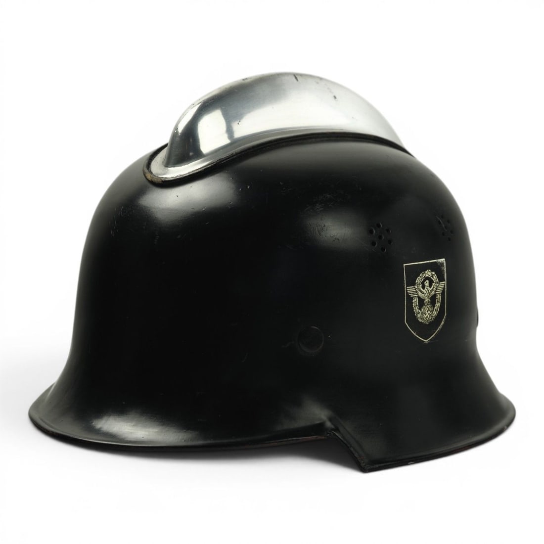German WW2 M34 Feuerwehr Square Dip Helmet with Double Decals, Comb & Liner - Best on Market!: This exceptional German WWII M34 “Square Dip” Feuerwehr Fire Protection Police helmet is a superb double-decal example with comb, complete original leather liner, all split pins, foam rubber p