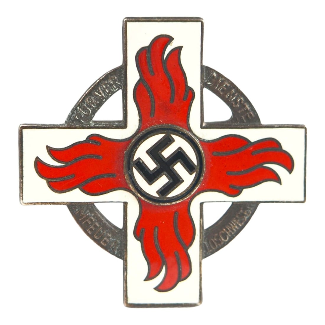 German WWII Fire Brigade First Class Decoration, M9/72 W. Kolwitz Bergedorf: This German World War II Fire Brigade First Class Decoration is a rare fire service award featuring red flame decoration and the inscription “Für treue Dienste”. The medal is maker marked W. 