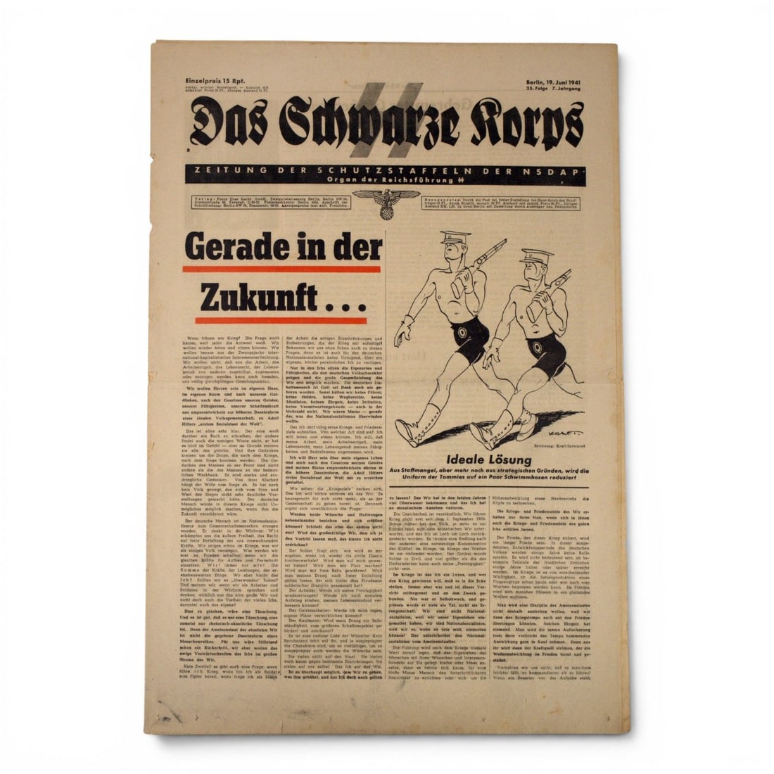 German WWII SS Das Schwarze Korps Newspaper, Berlin, June 19, 1941: This German World War II SS Das Schwarze Korps newspaper is dated Berlin, June 19, 1941. The paper was acquired from an antique shop in a small German town and represents an original wartime issue of 