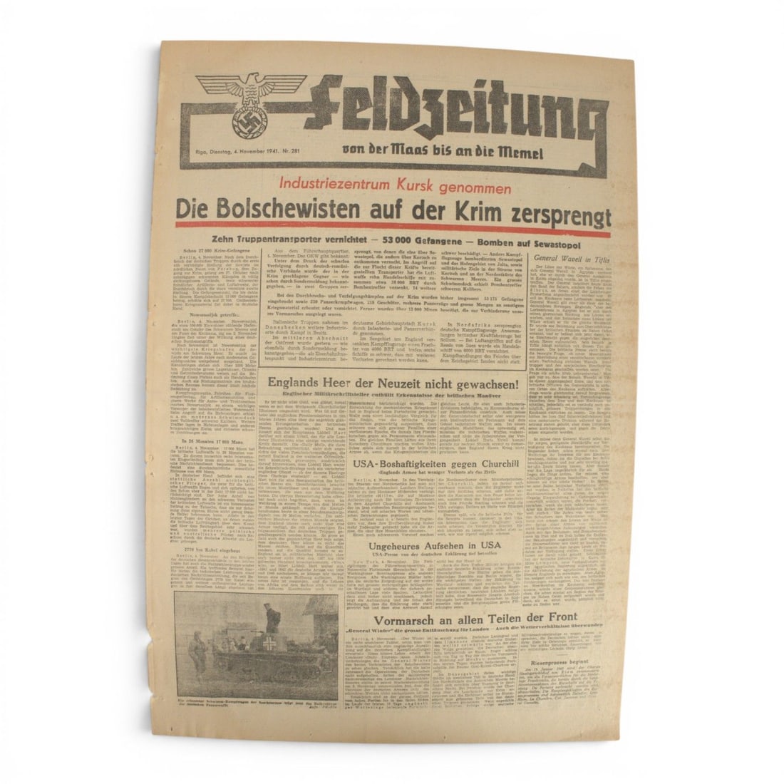German WWII Field Newspaper From the Maas to Memel, November 1941: This German World War II field newspaper titled From the Maas to Memel is dated November 1941. The newspaper was acquired from an antique shop in a small German town and presents as a very interesting