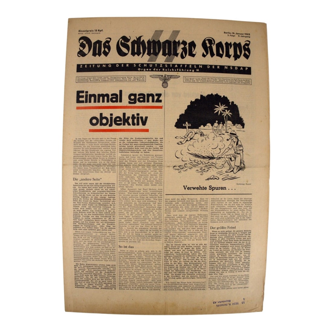 German WWII SS Das Schwarze Korps Newspaper, Berlin, January 14, 1943: This German World War II SS Das Schwarze Korps newspaper is dated Berlin, January 14, 1943. The newspaper was acquired from an antique shop in a small German town and is an original wartime issue of t