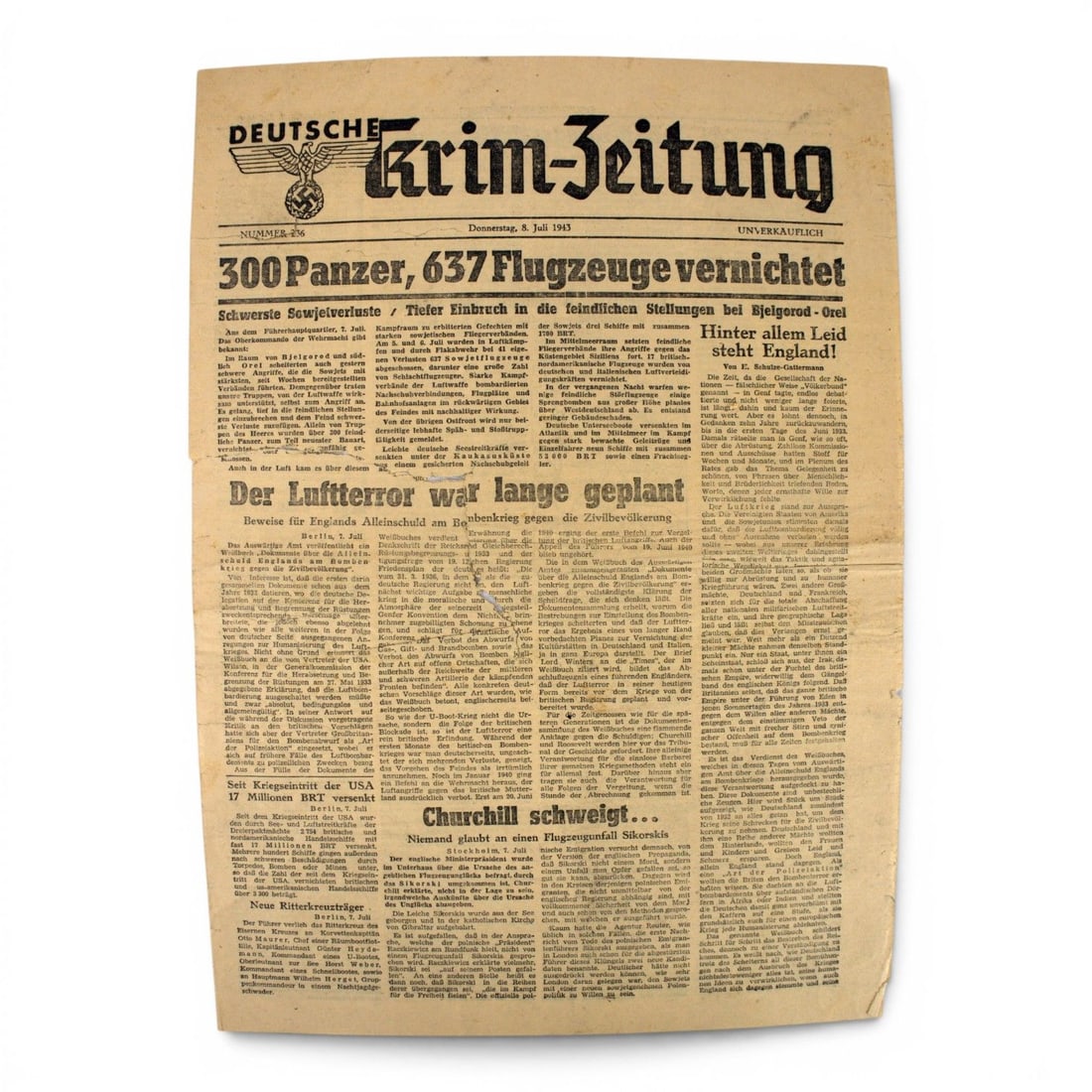 German WWII Deutsche Krim-Zeitung Newspaper, Crimea, July 8, 1943: This German World War II Deutsche Krim-Zeitung newspaper is dated July 8, 1943 and relates to the Crimea region during the German occupation period on the Eastern Front. The newspaper was acquired fro