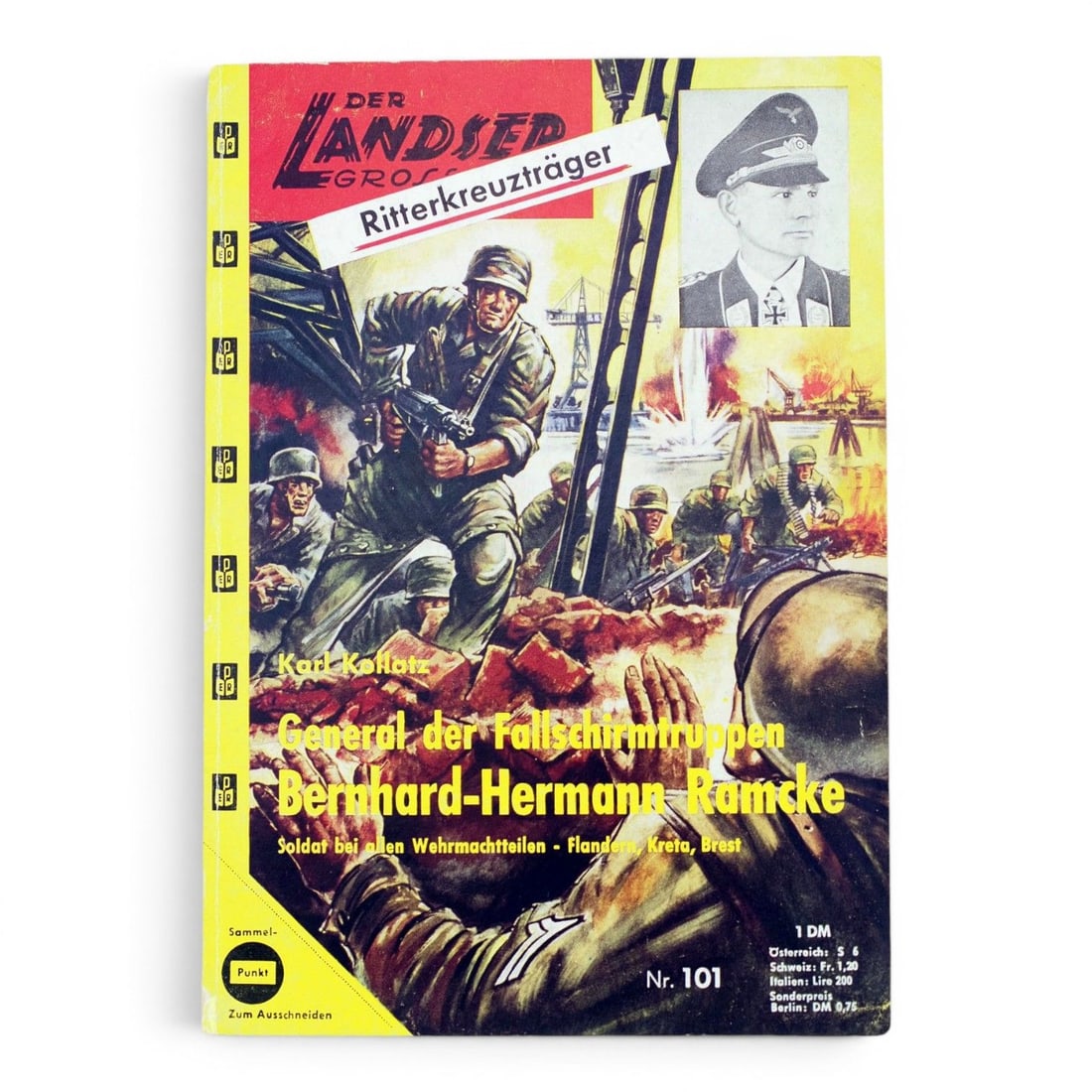 Der Landser Paperback Signed by General Bernhard-Hermann Ramcke, Clyde R. Davis Collection: This lot features an original World War II-era German paperback volume from the renowned Der Landser series, signed by General Bernhard-Hermann Ramcke and dedicated to Clyde R. Davis, a noted auth