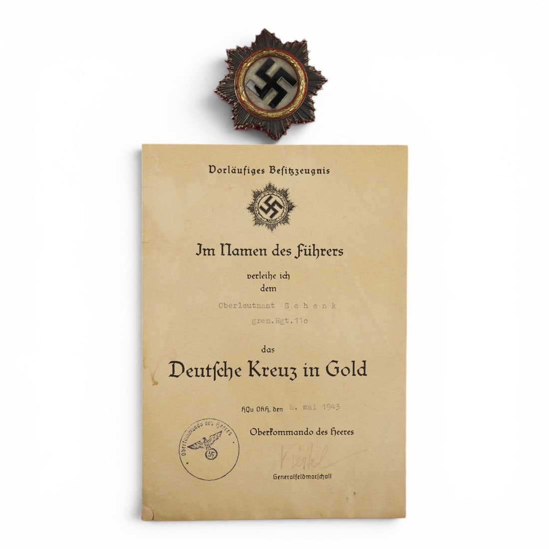 German WW2 German Cross in Gold Grouping with Otto Klein Award & Keitel-Signed Document: This exceptional German World War II German Cross in Gold grouping consists of an original Otto Klein manufactured German Cross in Gold accompanied by its original award document issued to Oberleutnan