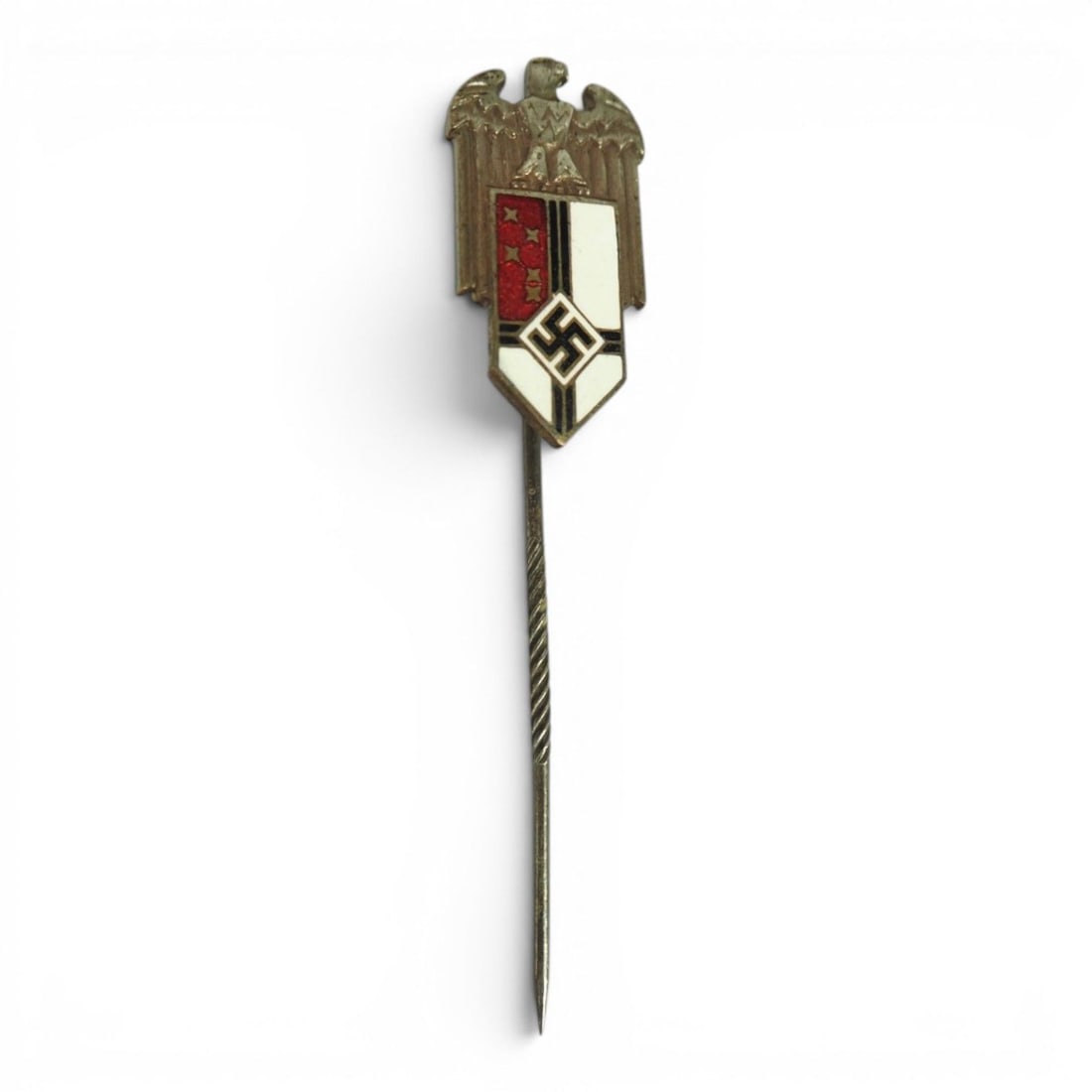 German WWII RKB Reichskolonialbund Officer Member Stickpin, Ges. Gesch.: This German World War II RKB Reichskolonialbund officer member stickpin is a small but desirable Third Reich-era membership insignia. The reverse is marked “Ges. Gesch.”, indicating a legally 