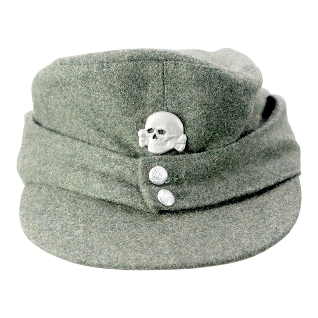 German WWII Waffen-SS M43 EM Field Cap with RARE RZM-Marked Totenkopf, Size 57: This German World War II Waffen-SS M43 EM wool field cap is stamped size 57 and fitted with a metal Totenkopf insignia marked RZM. A faint outline is visible on the right side where an SS eagle pa