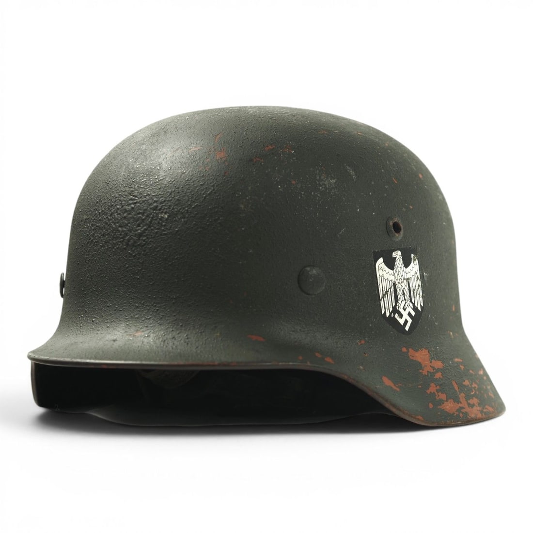 Named German WWII M35 Heer Helmet, Early Lot 081, Repainted from Afrika Korps Brown!: This rare German WWII M35 Army Heer single decal helmet is a named early-war example with shell lot number 081, an exceptionally early lot number that adds significant collector interest. The helmet r