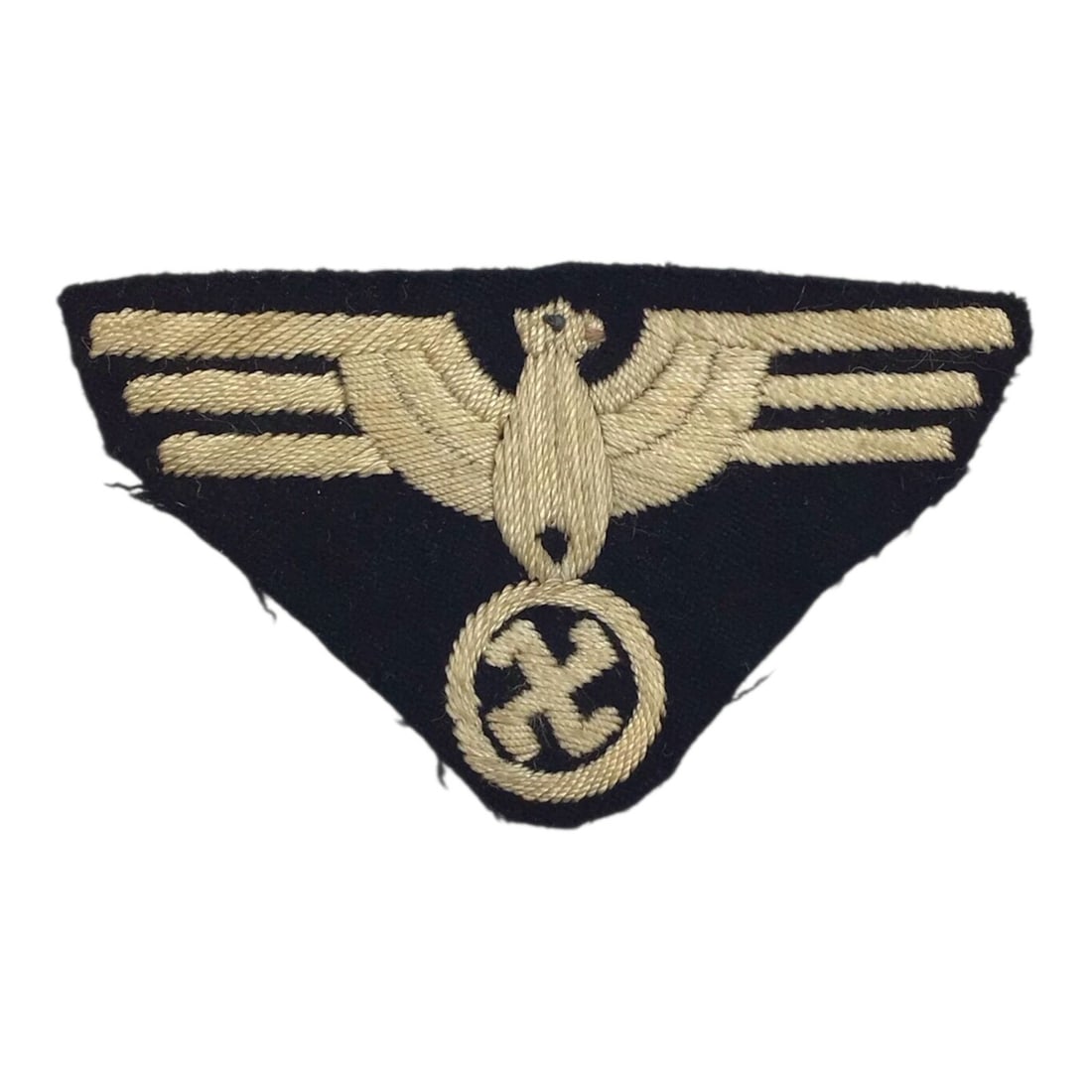 Very Rare Italian-Made Wehrmacht Officer Breast Eagle, Hand-Embroidered with Reversed Swastika: This highly unusual WWII Italian-made Wehrmacht officer's breast eagle is a finely executed, fully hand-embroidered example in white silk thread on black wool backing, measuring approximately 82 mm wi