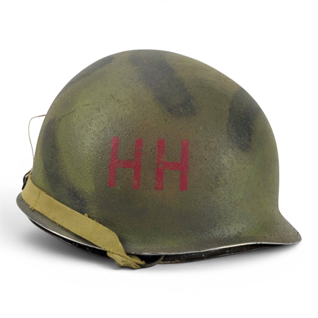 WWII U.S. 82nd Airborne Helmet, Red HH 1st Battalion 508th PIR Marking: This rare World War II U.S. 82nd Airborne helmet features a red HH marking on the shell, identified with the 1st Battalion, 508th Parachute Infantry Regiment. The red HH marking is associated with