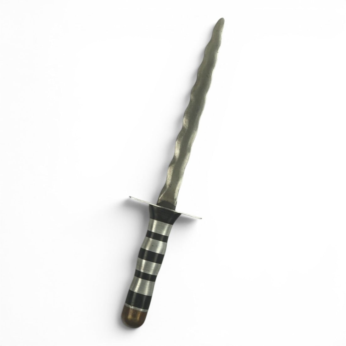 WWII Fighting Knife Dagger with Kris-Style Blade, Likely Philippines Made: This World War II fighting knife dagger features a distinctive kris-style blade and was most likely made in the Philippines. The blade form gives the piece an immediately recognizable island and S