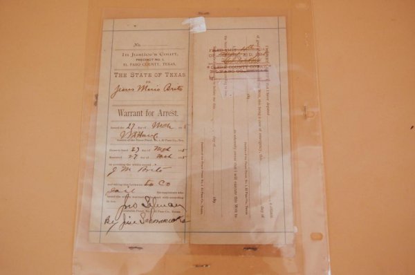 Original 1895 El Paso County warrant for arrest: Original 1895 El Paso County warrant for arrest signed by John Selman, the man who killed John Wesley Hardin. Selman was constable at the time. The warrant was for Jesus Mario Brito for "theft of prop