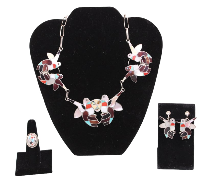 Handmade Zuni Indian Bobby & Corraine Shack Necklace, Earrings & Ring Set (1 of 13)